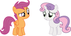 Size: 5914x3000 | Tagged: safe, artist:cloudy glow, derpibooru import, scootaloo, sweetie belle, pegasus, pony, unicorn, g4, somepony to watch over me, duo, duo female, female, filly, foal, horn, simple background, transparent background, vector