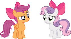 Size: 5357x3000 | Tagged: safe, artist:cloudy glow, derpibooru import, scootaloo, sweetie belle, pegasus, pony, unicorn, g4, somepony to watch over me, apple bloom's bow, bow, duo, duo female, female, filly, foal, hair bow, horn, simple background, transparent background, vector