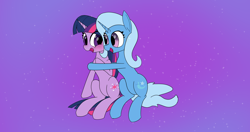 Size: 4096x2160 | Tagged: safe, artist:suryfromheaven, derpibooru import, trixie, twilight sparkle, unicorn twilight, pony, unicorn, g4, blushing, duo, duo female, female, happy, horn, hug, lesbian, looking at each other, looking at someone, mare, open mouth, open smile, shipping, smiling, sparkles, starry background, twixie