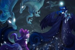 Size: 2048x1365 | Tagged: safe, artist:owl_clare, derpibooru import, princess luna, snowfall frost, starlight glimmer, alicorn, pony, unicorn, windigo, a hearth's warming tail, g4, cloak, clothes, female, glowing, glowing eyes, glowing horn, gritted teeth, hat, hoof shoes, horn, luna's future, mare, scene interpretation, spirit of hearth's warming yet to come, teeth, top hat