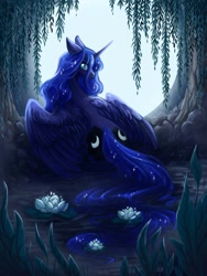 Size: 1417x1889 | Tagged: safe, artist:owl_clare, derpibooru import, princess luna, alicorn, pony, g4, both cutie marks, female, flower, full moon, lily (flower), lilypad, looking at you, looking back, looking back at you, lying down, mare, moon, night, prone, solo, spread wings, water, wings