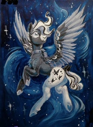 Size: 1513x2048 | Tagged: safe, artist:owl_clare, derpibooru import, oc, oc only, pegasus, pony, bow, chest fluff, choker, concave belly, ear piercing, earring, female, flying, gouache, hair over one eye, jewelry, mare, piercing, solo, spread wings, stars, tail, tail bow, traditional art, wings