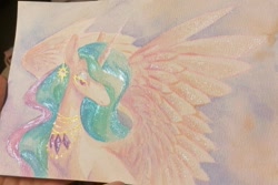 Size: 1205x804 | Tagged: safe, artist:owl_clare, derpibooru import, princess celestia, alicorn, pony, g4, ear piercing, earring, female, jewelry, mare, necklace, piercing, solo, spread wings, traditional art, wings