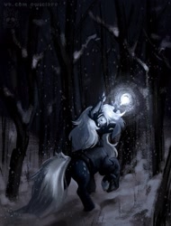 Size: 1560x2048 | Tagged: safe, artist:owl_clare, derpibooru import, oc, oc only, pony, unicorn, clothes, forest, hair over one eye, horn, looking back, magic, nature, outdoors, scared, snow, snowfall, solo, sweater, tree