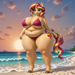 Size: 1024x1024 | Tagged: safe, ai content, derpibooru exclusive, derpibooru import, generator:stable diffusion, machine learning generated, sunset shimmer, anthro, unguligrade anthro, unicorn, g4, bbw, beach, belly, belly button, bikini, breasts, clothes, fat, female, horn, obese, outdoors, prompter:professordoctorc, rolls of fat, slobset shimmer, solo, sunset jiggler, swimsuit, thighs, thunder thighs, wide hips