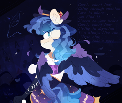 Size: 3550x3000 | Tagged: safe, artist:pakmur, derpibooru import, oc, oc only, oc:star shard, anthro, pegasus, abstract background, blue hair, clothes, colored wings, dress, ear fluff, ears, female, gloves, jewelry, looking at you, smiling, smiling at you, solo, wings