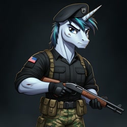 Size: 1024x1024 | Tagged: safe, ai content, derpibooru import, machine learning generated, shining armor, anthro, unicorn, g4, beret, clothes, cosplay, costume, fatigues, flint, g.i. joe, generator:google imagen 3.0, gloves, gradient background, gun, hat, horn, male, prompter:zerowinger, shotgun, solo, weapon