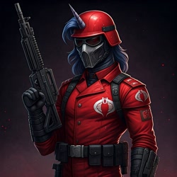 Size: 1024x1024 | Tagged: safe, ai content, derpibooru import, machine learning generated, anthro, unicorn, assault rifle, clothes, cobra the enemy, cosplay, costume, crimson guard, g.i. joe, generator:google imagen 3.0, gradient background, gun, horn, male, mask, military uniform, prompter:zerowinger, rifle, solo, uniform, weapon