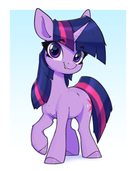 Size: 1653x2072 | Tagged: safe, artist:aquaticvibes, derpibooru import, twilight sparkle, unicorn twilight, pony, unicorn, g4, female, gradient background, grin, horn, looking at you, mare, passepartout, raised hoof, raised leg, sharp horn, smiling, smiling at you, solo