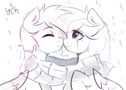 Size: 3500x2500 | Tagged: safe, artist:kristina, derpibooru import, oc, alicorn, earth pony, pegasus, pony, unicorn, clothes, commission, couple, duo, horn, scarf, shared clothing, shared scarf, ych sketch, your character here