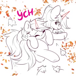 Size: 1280x1280 | Tagged: safe, artist:kristina, derpibooru import, oc, pony, any race, autumn, butt, commission, couple, cuddling, cute, duo, horn, hug, lying down, on side, plot, ych sketch, your character here