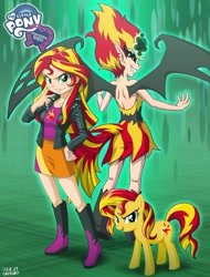 Size: 700x923 | Tagged: safe, artist:uotapo, color edit, derpibooru import, edit, editor:overlord 2, sunset satan, sunset shimmer, demon, human, pony, unicorn, equestria girls, g4, bare shoulders, boots, clothes, female, horn, human coloration, human ponidox, jacket, light skin, light skin edit, logo, looking at you, mare, self paradox, self ponidox, shoes, signature, skin color edit, skirt, sleeveless, smiling, smiling at you, smug, smug smile, spread wings, strapless, triality, wings