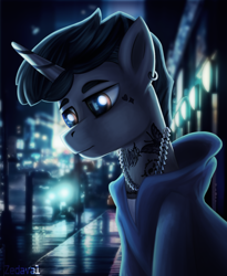 Size: 1174x1431 | Tagged: safe, artist:zedaval, derpibooru import, oc, oc only, unicorn, city, clothes, ear piercing, earring, gray coat, hoodie, horn, jewelry, necklace, piercing, solo, streetlight, tattoo