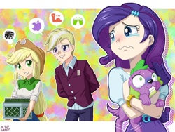 Size: 1000x750 | Tagged: safe, artist:uotapo, color edit, derpibooru import, edit, editor:overlord 2, applejack, rarity, spike, trenderhoof, dog, human, equestria girls, g4, choking, clothes, crystal prep academy uniform, female, group, holding a dog, holding a spike, light skin, light skin edit, male, quartet, school uniform, skin color edit, spike the dog