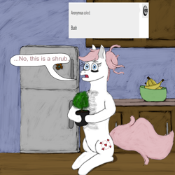 Size: 1200x1200 | Tagged: safe, artist:level4outbreak, derpibooru import, nurse redheart, g4, anonymous, ask, banana, food, funny, indoors, kitchen, out of context, plant, refrigerator, shrub, solo, tumblr, tumblr comic