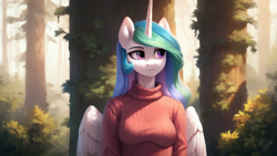 Size: 5120x2880 | Tagged: source needed, safe, ai content, derpibooru import, generator:pony diffusion v6 xl, generator:stable diffusion, machine learning generated, princess celestia, anthro, g4, clothes, forest, looking away, nature, outdoors, prompter needed, solo, sweater, tree