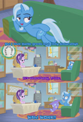 Size: 2001x2942 | Tagged: safe, derpibooru import, edit, edited screencap, editor:moonlightshadows, screencap, starlight glimmer, trixie, pony, unicorn, g4, road to friendship, butt touch, carpet, ceiling light, clothes, coach, desk, duo, duo female, female, funny, hat, head on hoof, hoof on butt, hooves on the table, horn, mare, panicking, reference to another series, resting, school of friendship, shrunken pupils, simpsons did it, sofa, starlight glimmer is not amused, starlight's office, text edit, trixie's hat, unamused, watermark, window