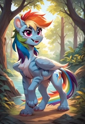 Size: 800x1169 | Tagged: safe, ai content, derpibooru import, generator:pony diffusion v6 xl, generator:stable diffusion, machine learning generated, rainbow dash, big cat, original species, pegasus, tiger, g4, fangs, female, folded wings, furrified, open mouth, open smile, outdoors, paws, prompter:gregorymars, smiling, solo, species swap, tiger pony, wings