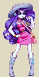 Size: 1514x2997 | Tagged: safe, artist:shadowhawx, derpibooru import, rarity, human, equestria girls, g4, beige background, boots, bubble tea, clothes, dress, drink, drinking, drinking straw, female, hand on hip, hat, high res, purse, shoes, simple background, solo, sun hat, sunglasses