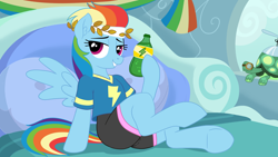 Size: 3840x2160 | Tagged: safe, artist:pusspuss, derpibooru import, rainbow dash, tank, pegasus, pony, semi-anthro, tortoise, g4, bed, bedroom, bedroom eyes, duo, female, headband, looking at you, mare, pillow, pony waifu sim, workout outfit