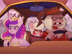 Size: 720x540 | Tagged: safe, artist:loomiiis, derpibooru import, princess cadance, alicorn, pony, g4, batman the animated series, car, crossover, driving, female, five nights at freddy's, goofy movie meme, male, mangle, mare, the scarecrow (dc), trio