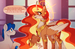 Size: 1945x1279 | Tagged: safe, artist:loomiiis, derpibooru import, princess celestia, alicorn, earth pony, pony, g4, alternate design, armlet, duo, duo male and female, ear piercing, earring, female, halo, implied drug use, indoors, intentional spelling error, jewelry, male, mare, master chief and luna hanging out, meme, neck rings, piercing, speech bubble, stallion, stripes