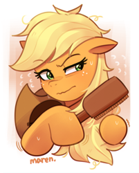 Size: 2525x3134 | Tagged: safe, artist:maren, derpibooru import, applejack, earth pony, pony, g4, applejack's hat, brush, brushing, clothes, cowboy hat, cute, female, freckles, grooming, hairbrush, hat, high res, jackabetes, mare, messy mane, morning ponies, solo