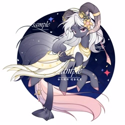 Size: 5000x5000 | Tagged: safe, artist:tingfengshengshunjian, derpibooru import, oc, oc only, pony, abstract background, beautiful, cloak, clothes, eyeshadow, female, full body, gradient hair, gradient mane, horns, jewelry, long hair, long mane, long tail, makeup, mare, mare oc, pink eyes, pink eyeshadow, ram horns, smiling, solo, tail, white hair, white mane