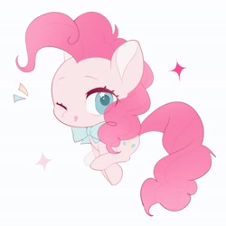 Size: 3307x3307 | Tagged: safe, artist:tingfengshengshunjian, derpibooru import, pinkie pie, earth pony, pony, g4, :p, blue bow, blue eyes, bowtie, chibi, cute, diapinkes, female, full body, licking, licking lips, mare, necktie, one eye closed, pink coat, pink mane, pink tail, simple background, smiling, solo, sparkles, tail, tongue, tongue out, white background, wink