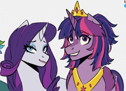 Size: 1173x843 | Tagged: safe, artist:slapearl, derpibooru import, rarity, twilight sparkle, alicorn, pony, unicorn, g4, alternate design, bust, duo, duo female, female, front view, golden tiara, grin, horn, jewelry, lesbian, lips, narrowed eyes, purple coat, purple mane, purple tail, rarilight, shipping, smiling, tail, tiara