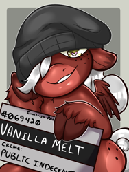 Size: 976x1300 | Tagged: safe, artist:asscadoodle, derpibooru import, oc, oc:vanilla melt, pegasus, beanie, female, filly, foal, freckles, hat, mugshot, solo, we don't normally wear clothes, wings