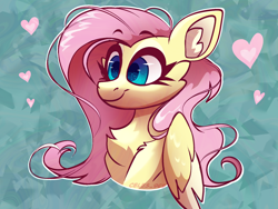 Size: 1600x1200 | Tagged: safe, artist:celes-969, derpibooru import, fluttershy, pegasus, pony, g4, abstract background, bust, chest fluff, cute, female, mare, shyabetes, smiling, solo