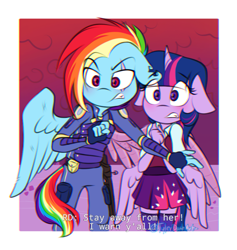 Size: 791x834 | Tagged: safe, artist:tylerdashart, derpibooru import, rainbow dash, twilight sparkle, twilight sparkle (alicorn), alicorn, anthro, pegasus, g4, the cutie re-mark, alternate timeline, amputee, apocalypse dash, blushing, crystal war timeline, duo, duo female, ears, female, floppy ears, lesbian, metal wing, passepartout, prosthetic limb, prosthetic wing, prosthetics, shipping, twidash, wings