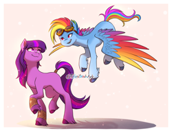 Size: 1500x1148 | Tagged: safe, artist:tylerdashart, derpibooru import, rainbow dash, twilight sparkle, earth pony, pegasus, pony, g4, bipedal, colored wings, concave belly, countershading, duo, duo female, earth pony twilight, female, flying, g5 concept leaks, goggles, goggles on head, gradient wings, lesbian, looking at each other, looking at someone, mare, open mouth, open smile, passepartout, race swap, rainbow dash (g5 concept leak), shipping, smiling, smiling at each other, tail, twidash, twilight sparkle (g5 concept leak), unshorn fetlocks, wings