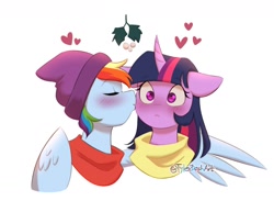 Size: 1600x1172 | Tagged: safe, artist:tylerdashart, derpibooru import, rainbow dash, twilight sparkle, pegasus, pony, g4, blushing, clothes, duo, duo female, eyes closed, female, hat, heart, heart eyes, horn, kiss on the cheek, kissing, lesbian, mare, mistletoe, scarf, shipping, simple background, twidash, white background, wingding eyes, wings