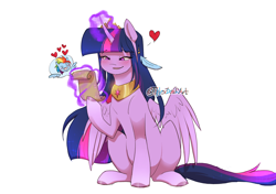 Size: 2836x2000 | Tagged: safe, artist:tylerdashart, derpibooru import, rainbow dash, twilight sparkle, twilight sparkle (alicorn), alicorn, pony, g4, crown, duo, duo female, feather, female, glowing, glowing horn, heart, horn, jewelry, lesbian, levitation, magic, magic aura, mare, peytral, reading, regalia, scroll, shipping, simple background, sitting, tail, telekinesis, twidash, white background