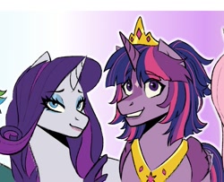 Size: 1233x1000 | Tagged: safe, artist:slapearl, derpibooru import, rarity, twilight sparkle, twilight sparkle (alicorn), alicorn, pony, unicorn, g4, alternate design, blue eyeshadow, bust, cropped, duo, duo female, eyeshadow, female, front view, golden tiara, gradient background, grin, horn, jewelry, lesbian, lips, lipstick, makeup, narrowed eyes, pink lipstick, purple coat, purple mane, purple tail, rarilight, shipping, smiling, tail, tiara