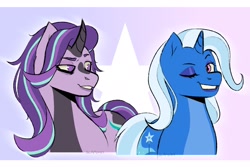 Size: 1800x1200 | Tagged: safe, artist:slapearl, derpibooru import, starlight glimmer, trixie, pony, unicorn, g4, alternate design, blue eyeshadow, duo, duo female, eyeshadow, female, gradient background, grin, horn, lesbian, lips, looking at someone, makeup, mare, navy eyeshadow, one eye closed, passepartout, shipping, smiling, startrix, wink