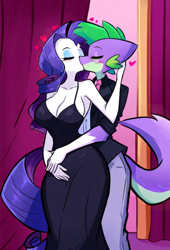 Size: 548x805 | Tagged: safe, ai content, derpibooru import, generator:novelai, generator:stable diffusion, machine learning generated, rarity, spike, spike the regular dog, anthro, equestria girls, g4, big breasts, blushing, breasts, duo, duo male and female, female, indoors, lowres, male, prompter:genderface, shipping, smiling, sparity, straight