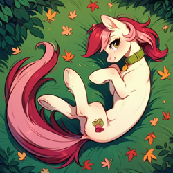 Size: 1024x1024 | Tagged: safe, ai content, derpibooru import, generator:pony diffusion v6 xl, generator:stable diffusion, machine learning generated, roseluck, pony, g4, autumn, collar, cute, fluffy, leaves, long tail, looking at you, lying down, outdoors, pet tag, pony pet, prompter:doom9454, rosepet, solo, tail