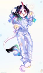 Size: 1200x2048 | Tagged: oc name needed, safe, artist:vanilla-chan, derpibooru import, oc, oc only, anthro, unguligrade anthro, unicorn, blushing, clothes, curved horn, female, frog (hoof), hoofbutt, horn, leonine tail, open mouth, open smile, pajamas, smiling, solo, tail, underhoof, unicorn oc