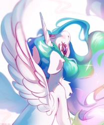 Size: 1707x2048 | Tagged: safe, artist:vanilla-chan, derpibooru import, princess celestia, alicorn, pony, g4, blushing, cute, cutelestia, female, horn, mare, solo, spread wings, wings