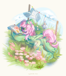 Size: 3200x3688 | Tagged: safe, artist:vanilla-chan, derpibooru import, oc, oc only, oc:spectral wind, insect, ladybug, pegasus, pony, blushing, commission, featureless crotch, female, flower, folded wings, grass, high res, lying down, mare, outdoors, pegasus oc, prone, reading, solo, sploot, tail, underhoof, wings, ych result