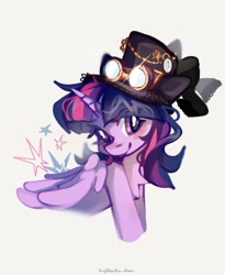 Size: 1800x2200 | Tagged: safe, artist:vanilla-chan, derpibooru import, twilight sparkle, twilight sparkle (alicorn), alicorn, pony, g4, blushing, chest fluff, female, folded wings, hat, horn, looking at you, mare, smiling, smiling at you, solo, steampunk, wings