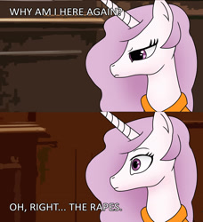 Size: 2000x2194 | Tagged: safe, artist:anonymousandrei, derpibooru exclusive, derpibooru import, princess celestia, alicorn, g4, clothes, courtroom, female, horn, implied rape, mare, meme, ponified, ponified meme, princess molestia, prison outfit