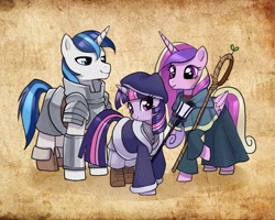 Size: 1250x1000 | Tagged: safe, artist:moumy, derpibooru import, princess cadance, shining armor, twilight sparkle, twilight sparkle (alicorn), alicorn, pony, unicorn, g4, armor, beret, boots, clothes, cosplay, costume, dungeon meshi, falin touden, female, hat, horn, laios touden, long sleeved shirt, long sleeves, magic staff, male, marcille donato, mare, paper background, robe, shirt, shoes, smiling, staff, stallion, trio