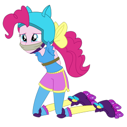 Size: 2000x2000 | Tagged: safe, artist:nie-martw-sie-o-mnie, derpibooru import, pinkie pie, human, equestria girls, friendship games, g4, bondage, cloth gag, clothes, female, femsub, gag, helmet, knee pads, kneeling, pinkiesub, roller skates, rope, rope bondage, simple background, skates, solo, sports outfit, submissive, tied up, transparent background