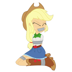 Size: 2000x2000 | Tagged: safe, artist:nie-martw-sie-o-mnie, derpibooru import, applejack, equestria girls, g4, applesub, bondage, boots, boots bondage, clothes, cowboy boots, cowboy hat, cowgirl, denim, denim skirt, eyes closed, female, femsub, freckles, gag, hat, kneeling, shoes, simple background, skirt, solo, stetson, submissive, tape, tape bondage, tape gag, transparent background