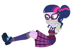 Size: 2370x1552 | Tagged: safe, artist:nie-martw-sie-o-mnie, derpibooru import, sci-twi, twilight sparkle, equestria girls, friendship games, g4, bondage, bound and gagged, cloth gag, clothes, crystal prep academy uniform, female, femsub, gag, glasses, hair bun, necktie, rope, rope bondage, school tie, school uniform, schoolgirl, simple background, sitting, solo, submissive, tied up, transparent background, twisub