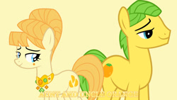 Size: 1920x1080 | Tagged: safe, artist:rainbowplasma, derpibooru import, edit, editor:jaredking779, aunt orange, mosely orange, uncle orange, earth pony, pony, g4, beauty mark, duo, duo male and female, female, male, mare, simple background, smiling, stallion, yellow background